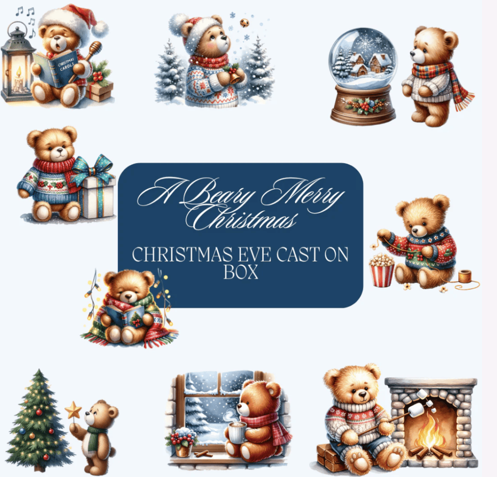 A collage of Christmas bears with holiday presents, snow globes, lanterns, fireplaces with a winter blue background and the words "A Beary Merry Christmas, Christmas Eve cast on box" in the center.